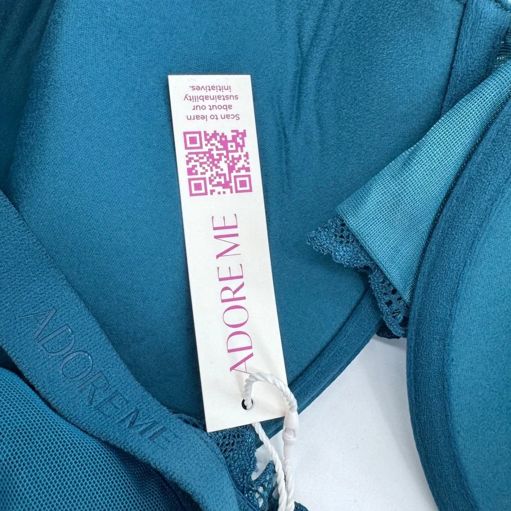 Adore Me Full Coverage Bra Teal Blue Lace Trim Underwire Support Sz 42G New‎